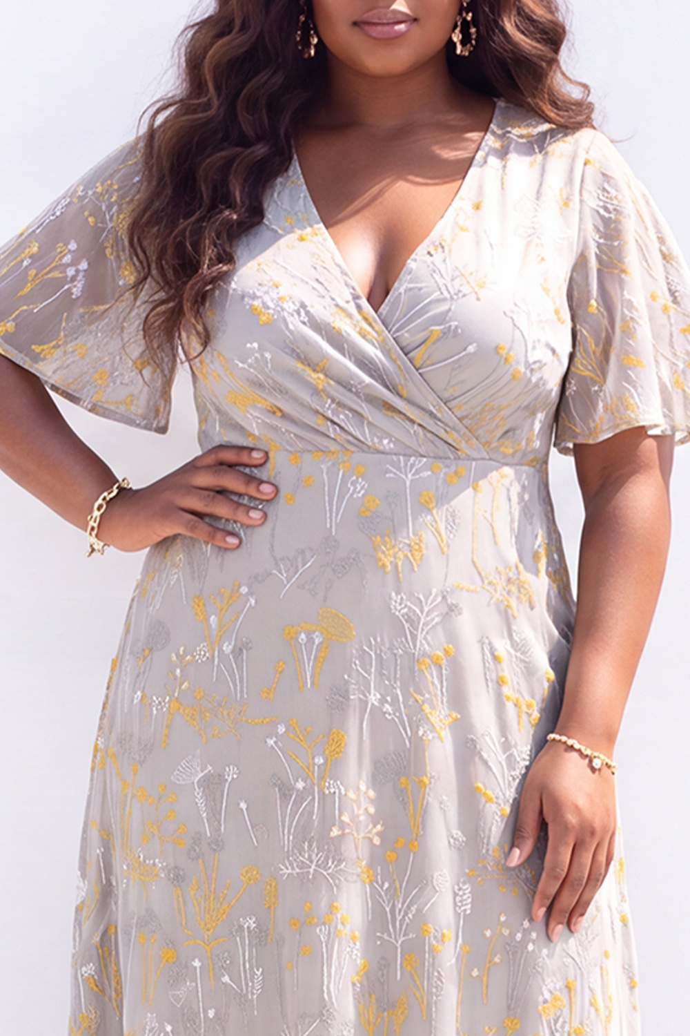 Plus Size Black White Floral V Neck A Line Maxi Dress