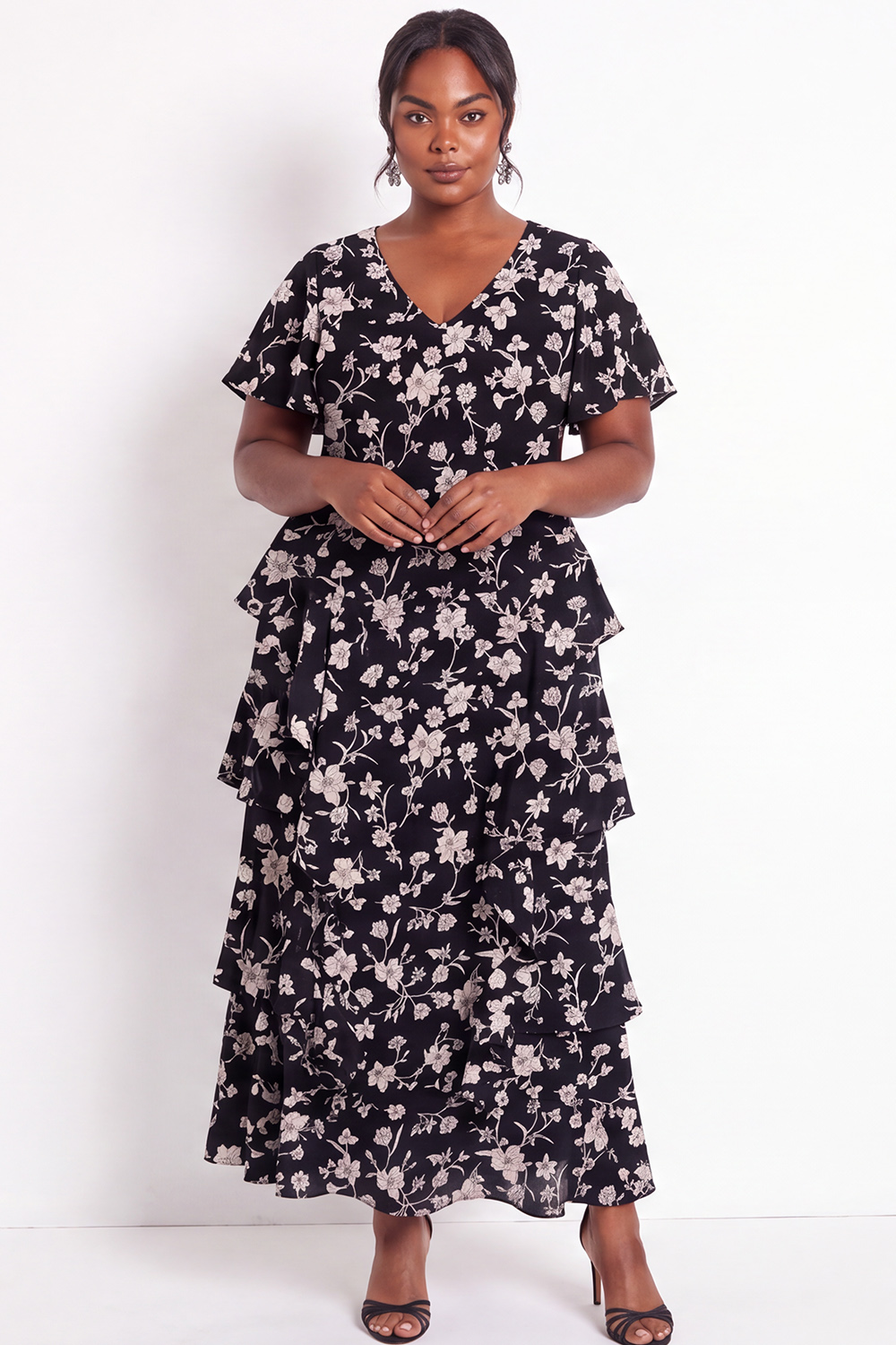 Black White Flower Tiered Ruffle A Line Plus Size Maxi Dress