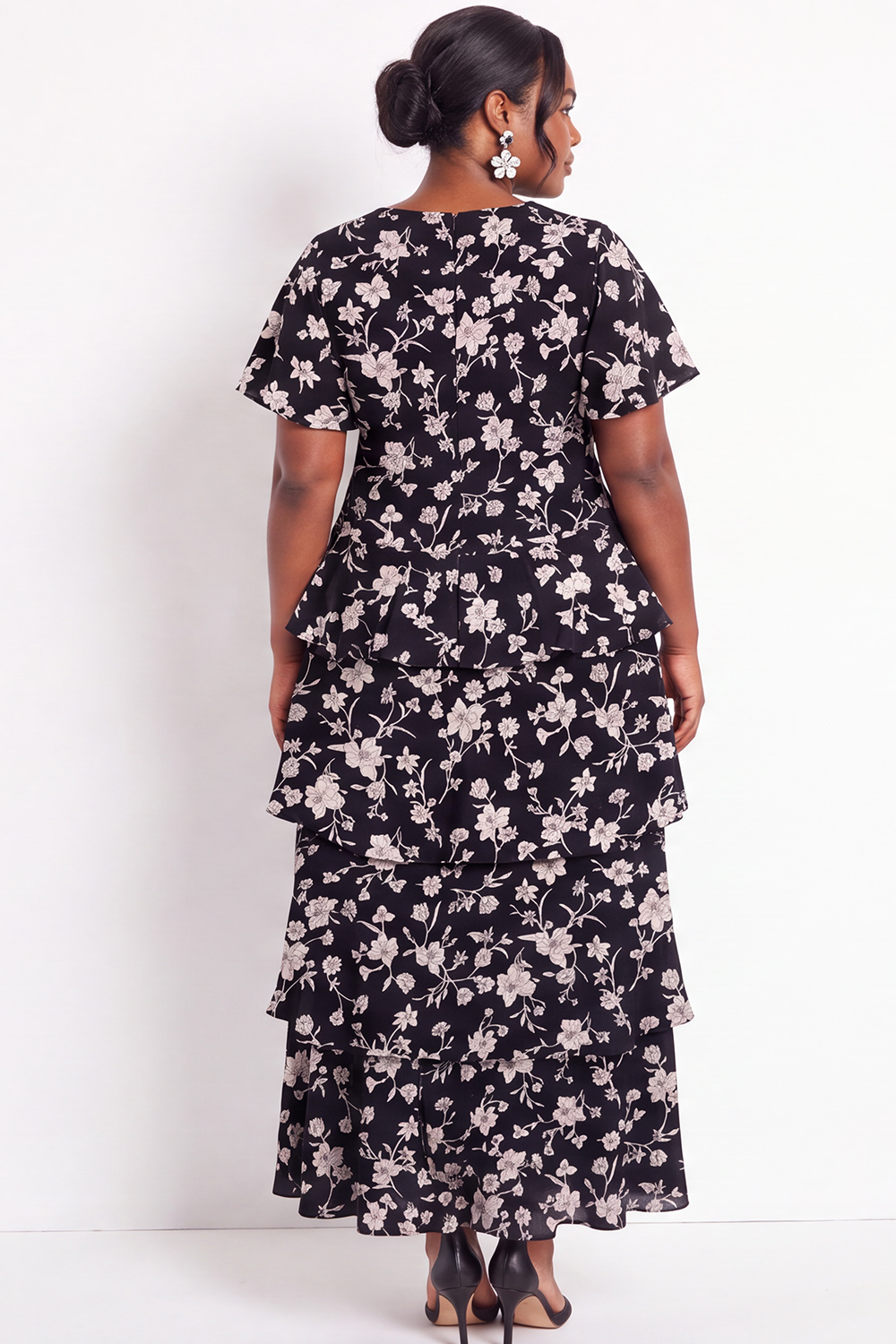 Black White Flower Tiered Ruffle A Line Plus Size Maxi Dress