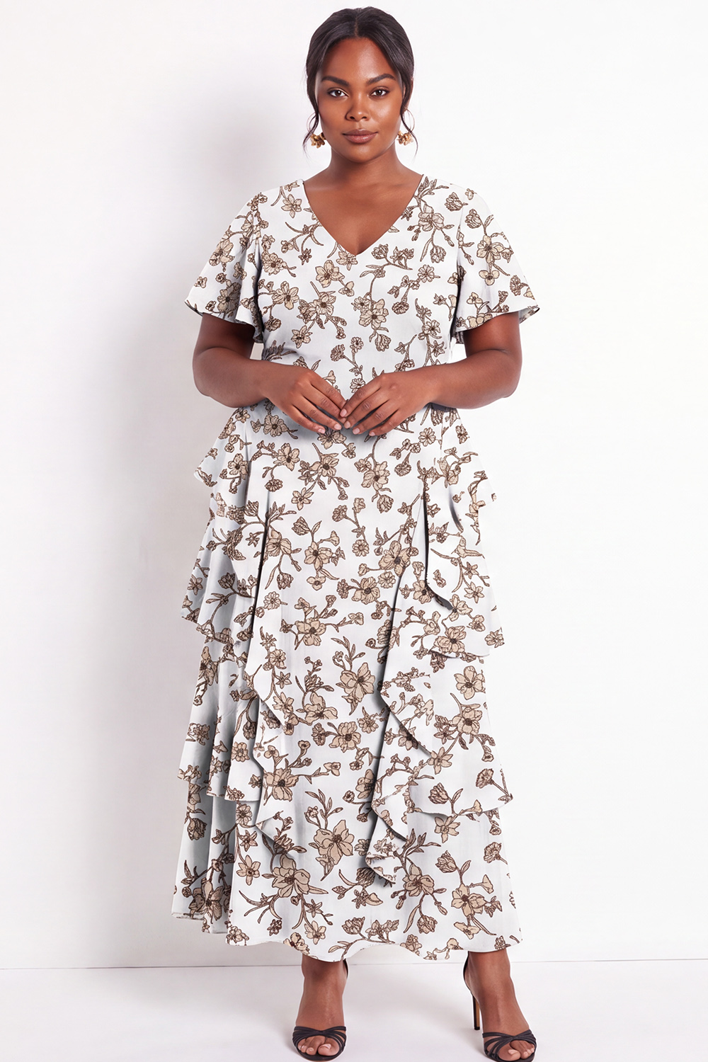Black White Flower Tiered Ruffle A Line Plus Size Maxi Dress