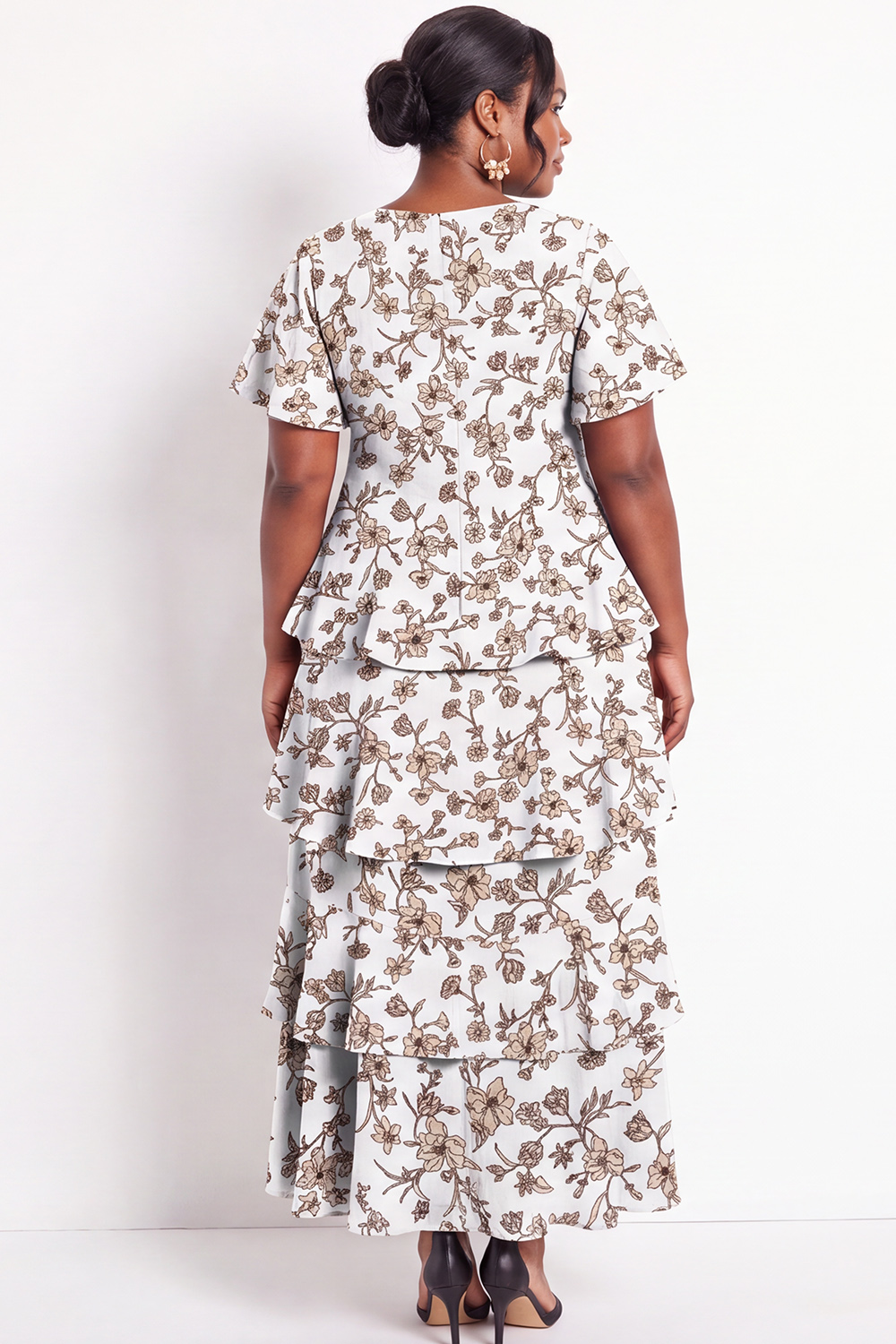 Black White Flower Tiered Ruffle A Line Plus Size Maxi Dress