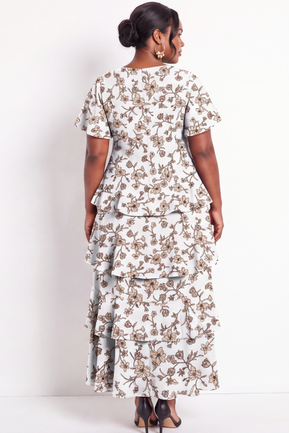 Black White Flower Tiered Ruffle A Line Plus Size Maxi Dress