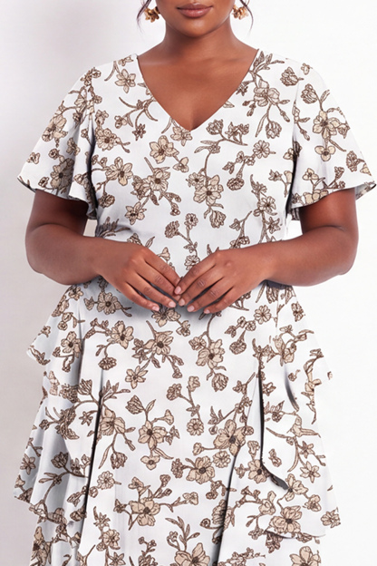 Black White Flower Tiered Ruffle A Line Plus Size Maxi Dress