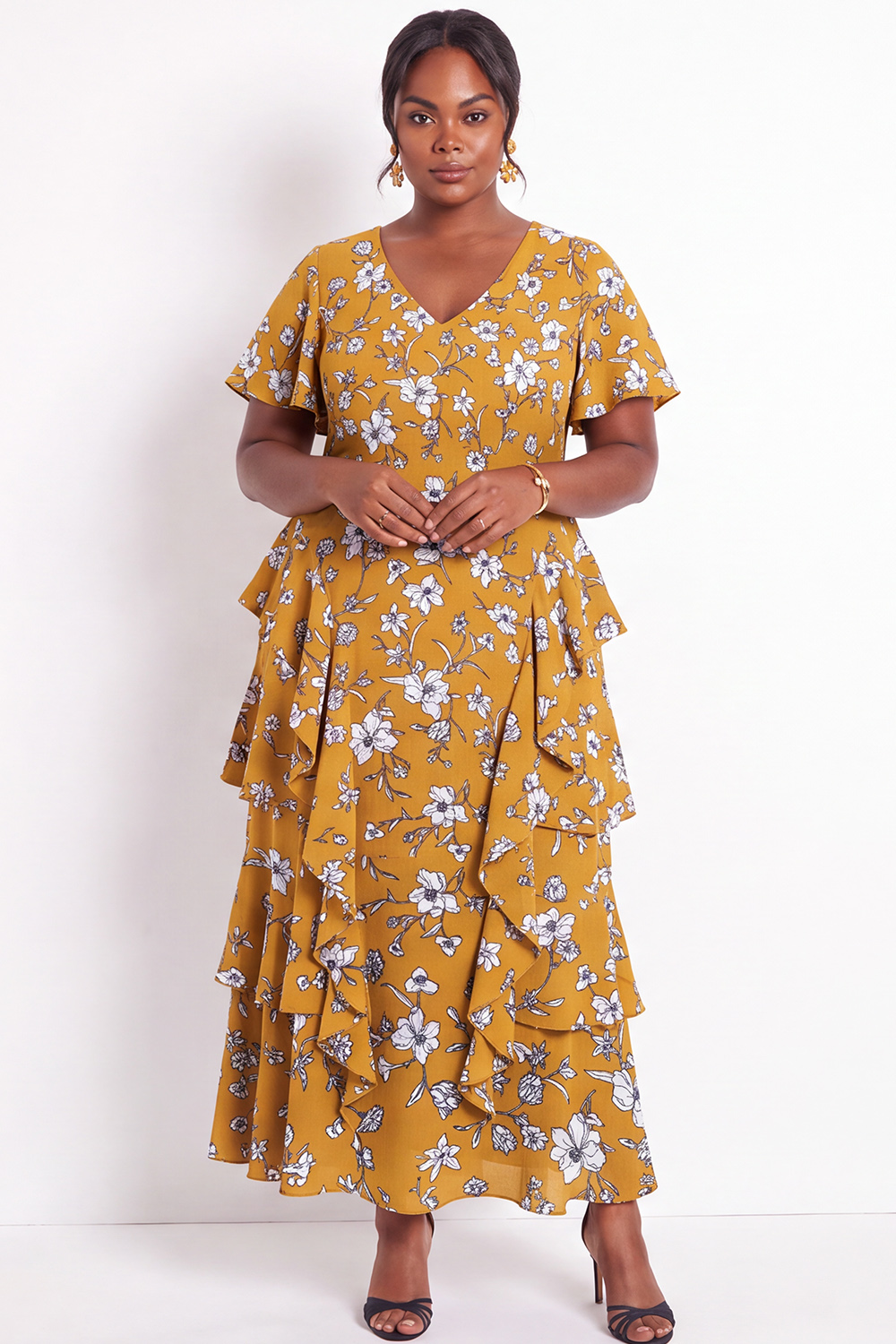 Black White Flower Tiered Ruffle A Line Plus Size Maxi Dress