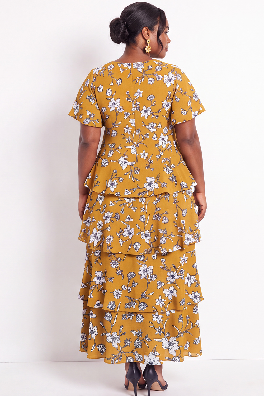 Black White Flower Tiered Ruffle A Line Plus Size Maxi Dress