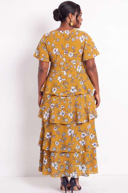 Black White Flower Tiered Ruffle A Line Plus Size Maxi Dress