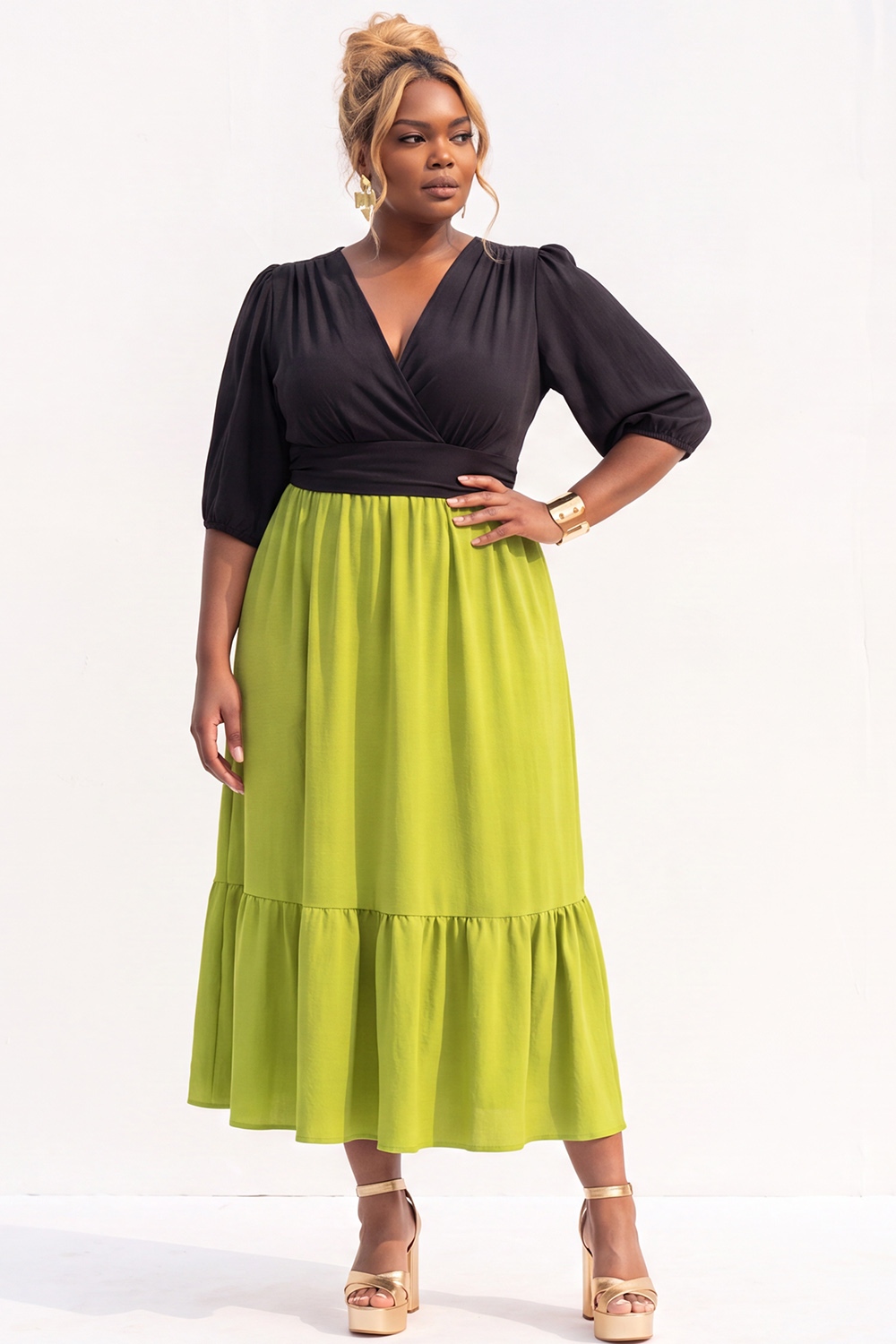 Dressself Women Plus Size Black and Bright Green Midi Dress A Line V Neck Semi-Formal Dress with 3/4 Sleeevs