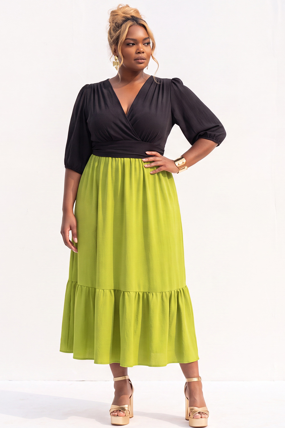 Dressself Women Plus Size Black and Bright Green Midi Dress A Line V Neck Semi-Formal Dress with 3/4 Sleeevs