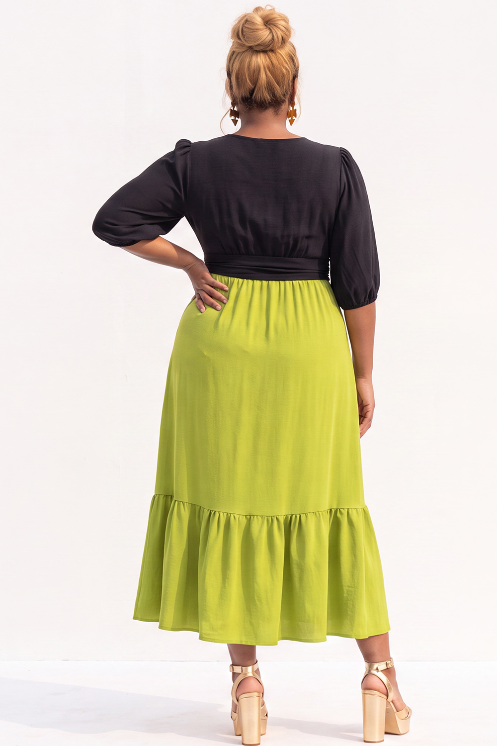 Plus Size Black and Bright Green A Line Midi Dress