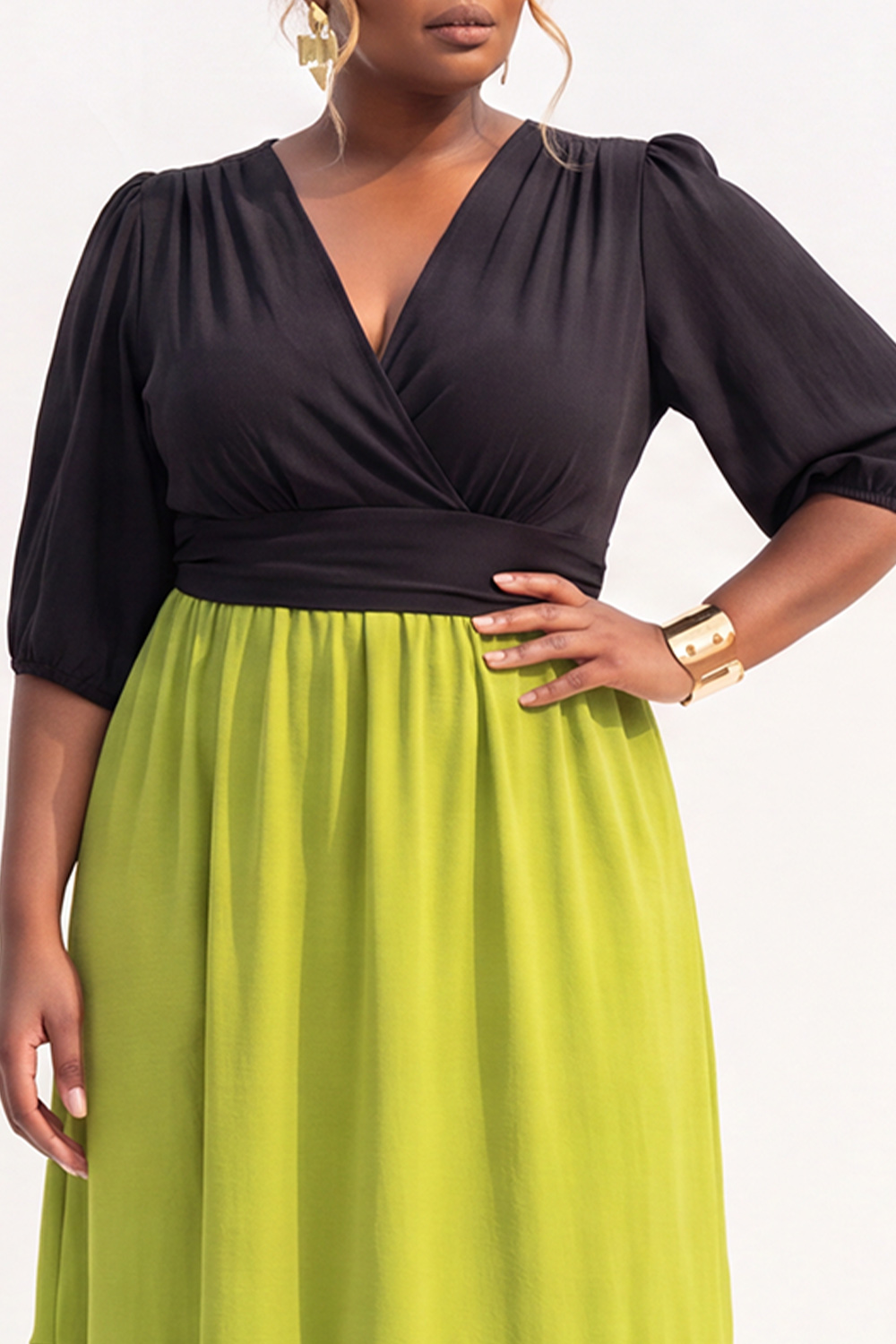 Plus Size Black and Bright Green A Line Midi Dress