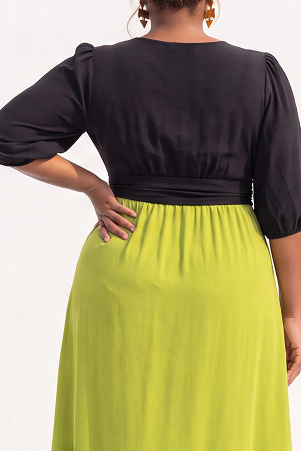 Plus Size Black and Bright Green A Line Midi Dress