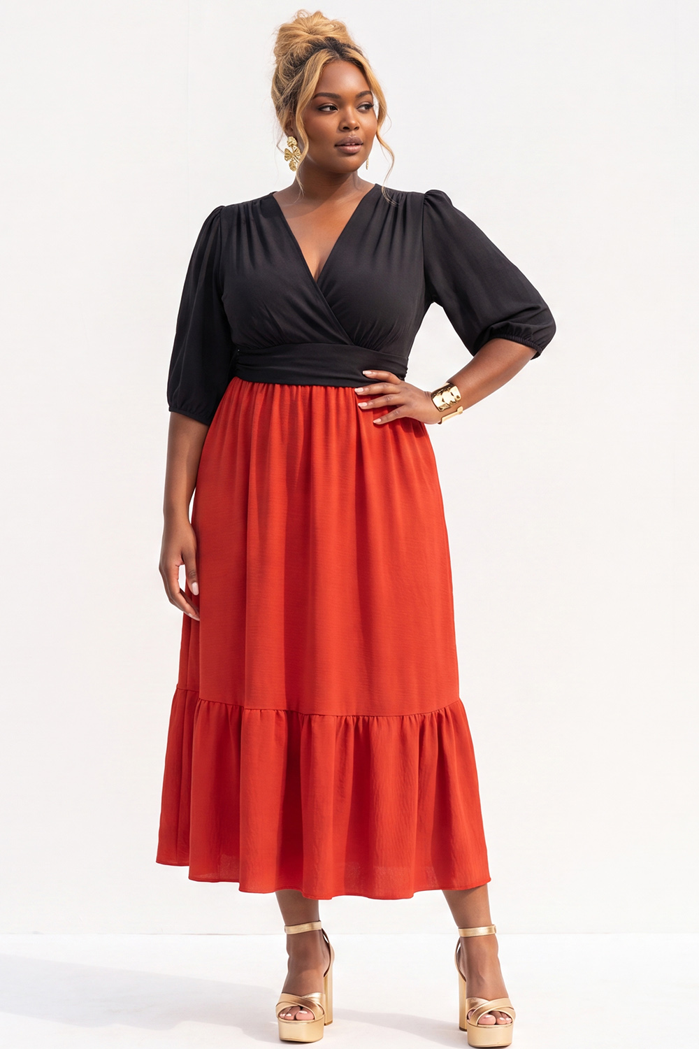 Plus Size Black and Bright Green A Line Midi Dress