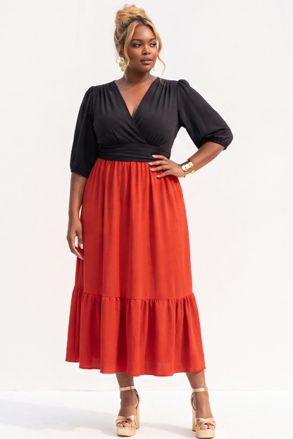 Plus Size Black and Bright Green A Line Midi Dress