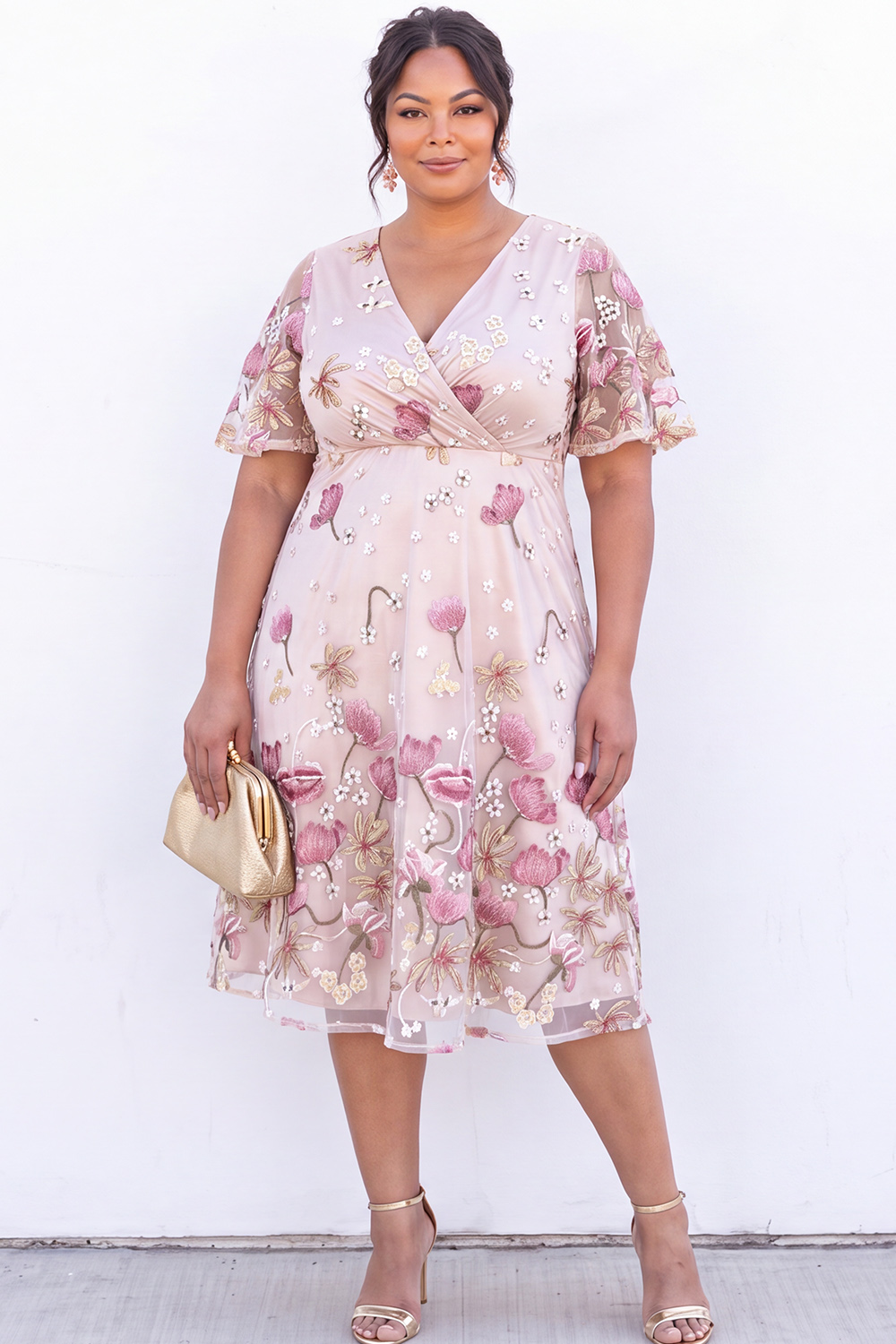Dressself Women Pink Embroidered Floral Plus Size Wedding Guest Dress A Line V Neck Midi Tea Party Dress with Short Sleeevs