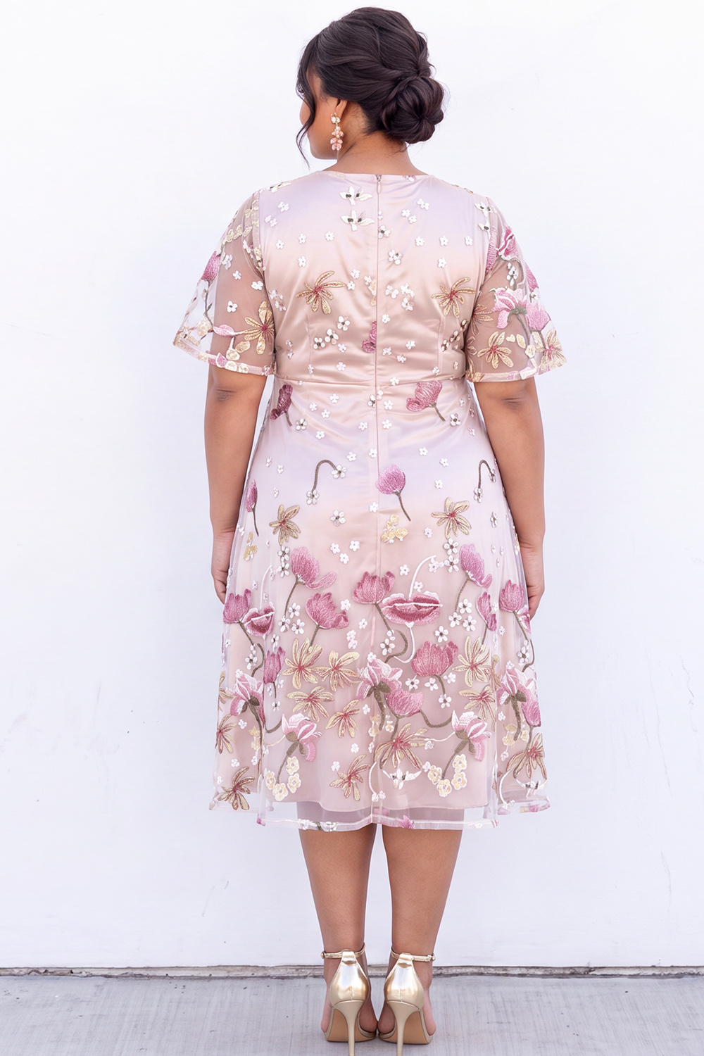 Pink Embroidered Floral A Line Midi Plus Size Wedding Guest Dress