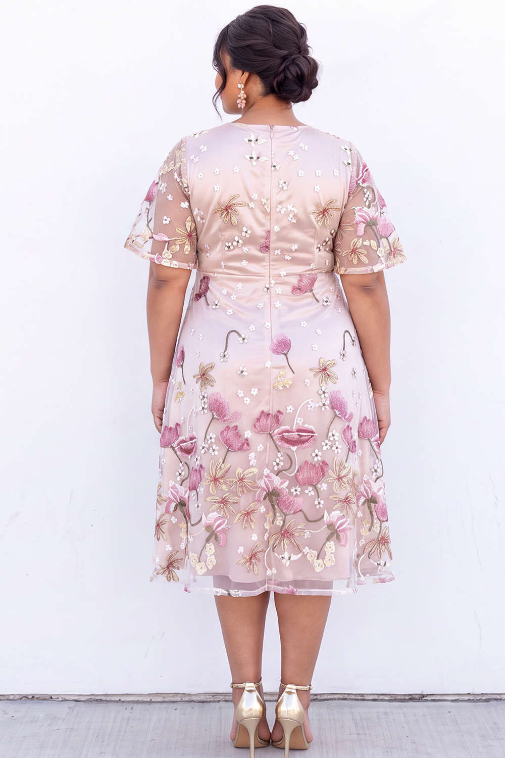 Pink Embroidered Floral A Line Midi Plus Size Wedding Guest Dress