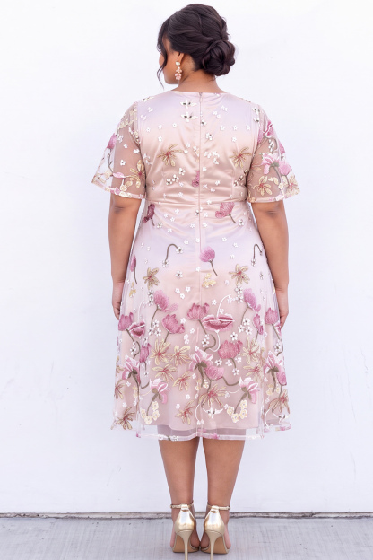 Pink Embroidered Floral A Line Midi Plus Size Wedding Guest Dress