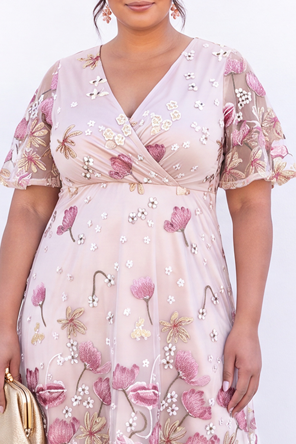 Pink Embroidered Floral A Line Midi Plus Size Wedding Guest Dress