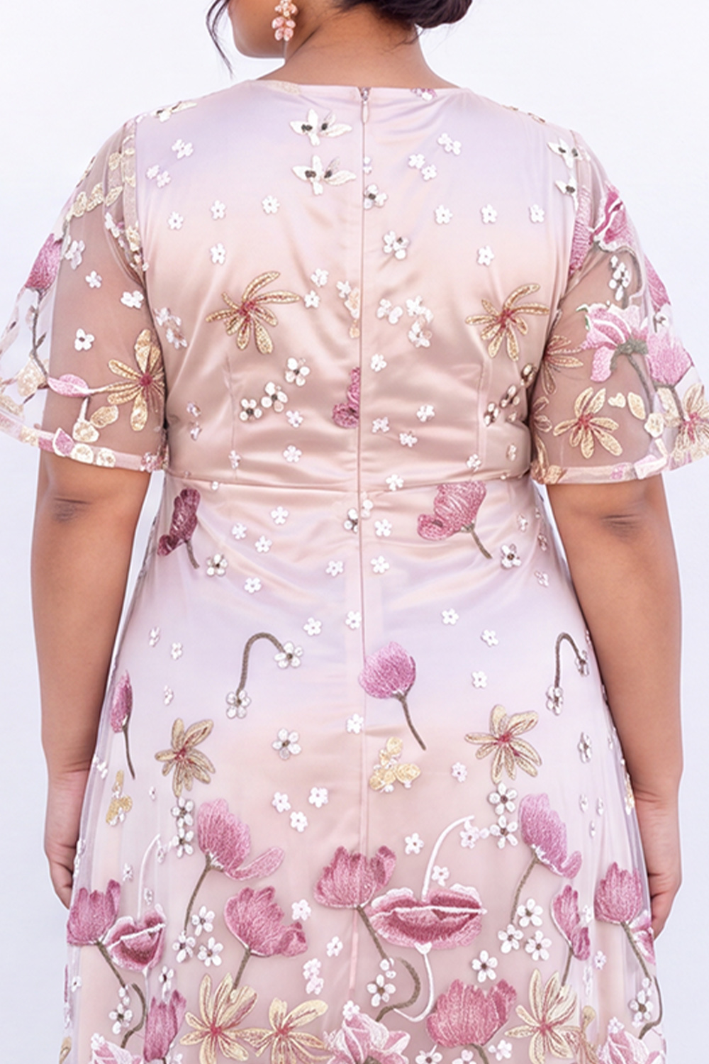 Pink Embroidered Floral A Line Midi Plus Size Wedding Guest Dress