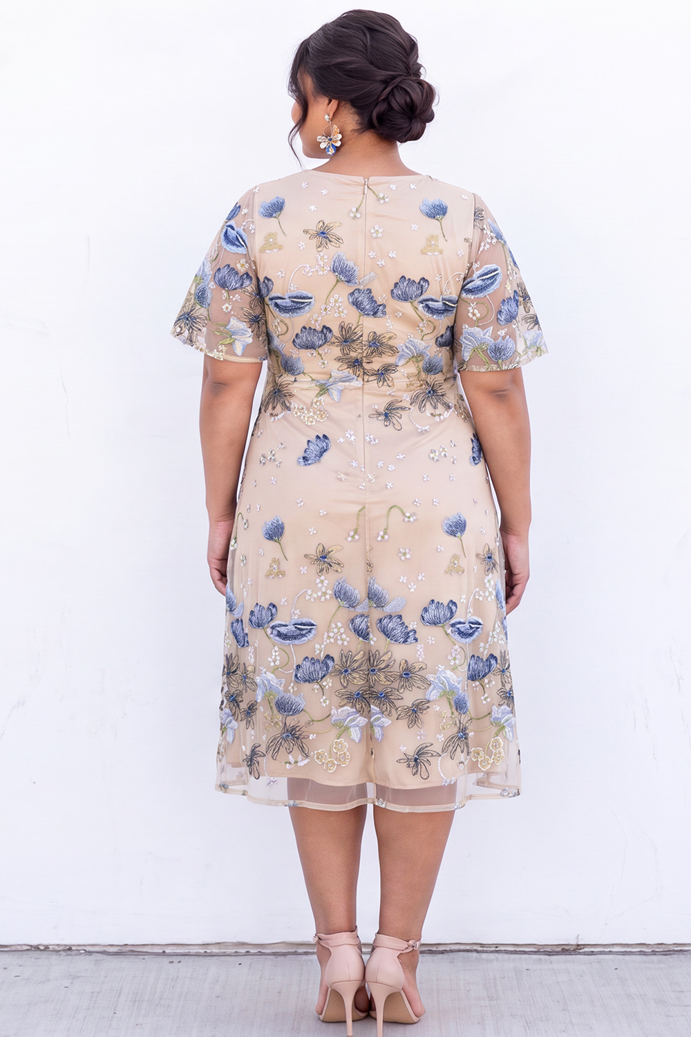 Pink Embroidered Floral A Line Midi Plus Size Wedding Guest Dress