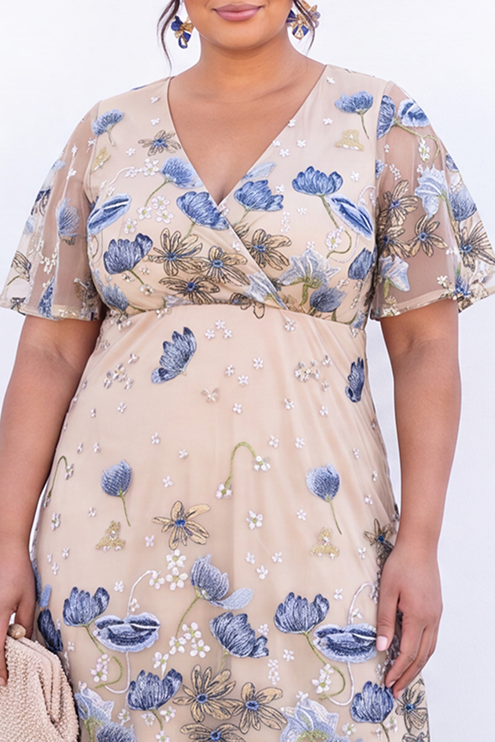 Pink Embroidered Floral A Line Midi Plus Size Wedding Guest Dress