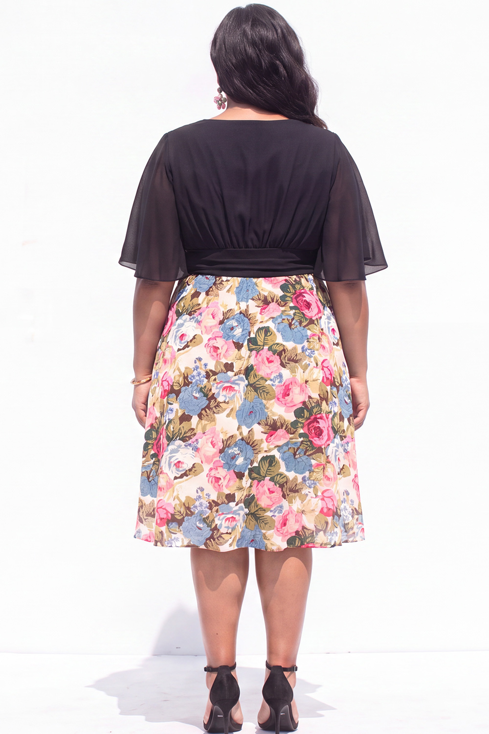 Plus Size Beige Pink Flower A Line V Neck Midi Dress