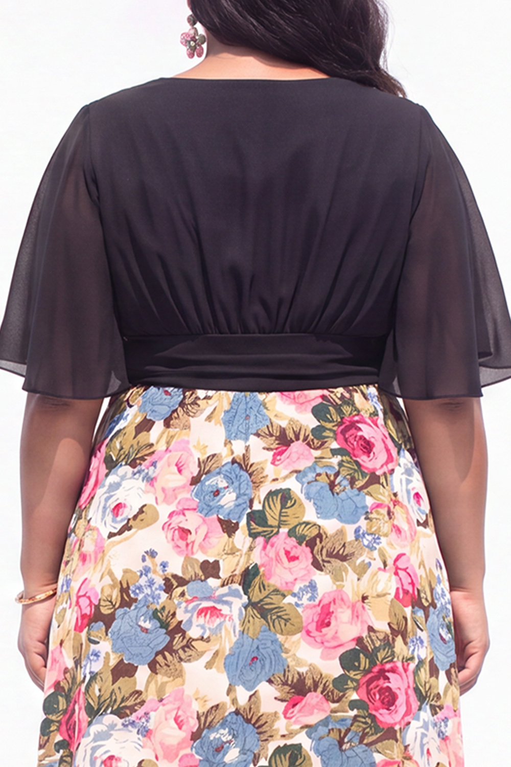 Plus Size Beige Pink Flower A Line V Neck Midi Dress