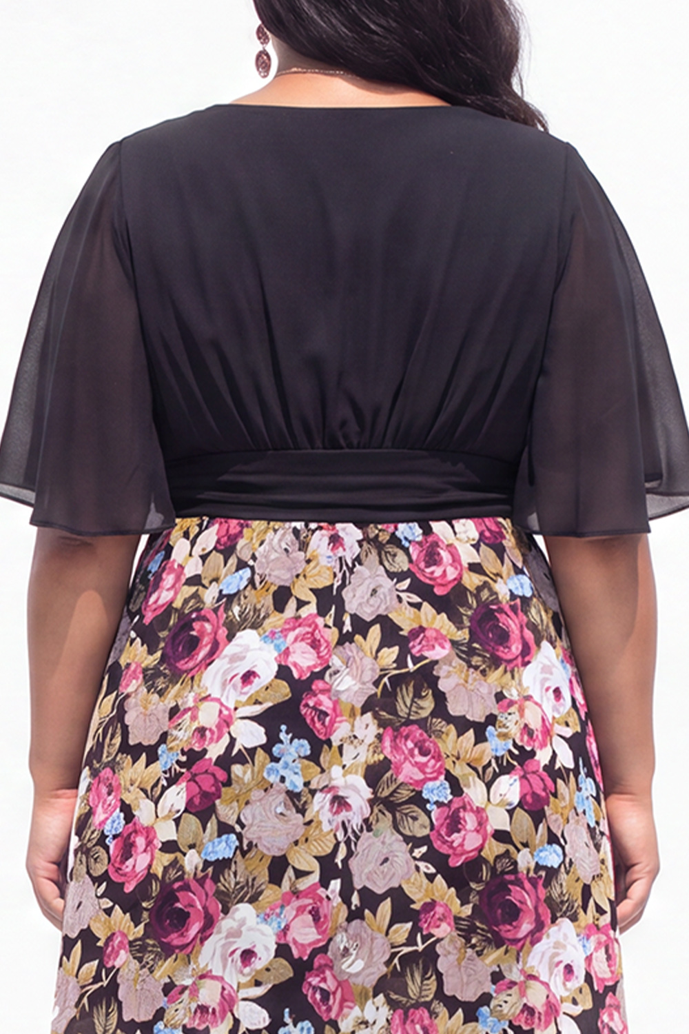 Plus Size Beige Pink Flower A Line V Neck Midi Dress