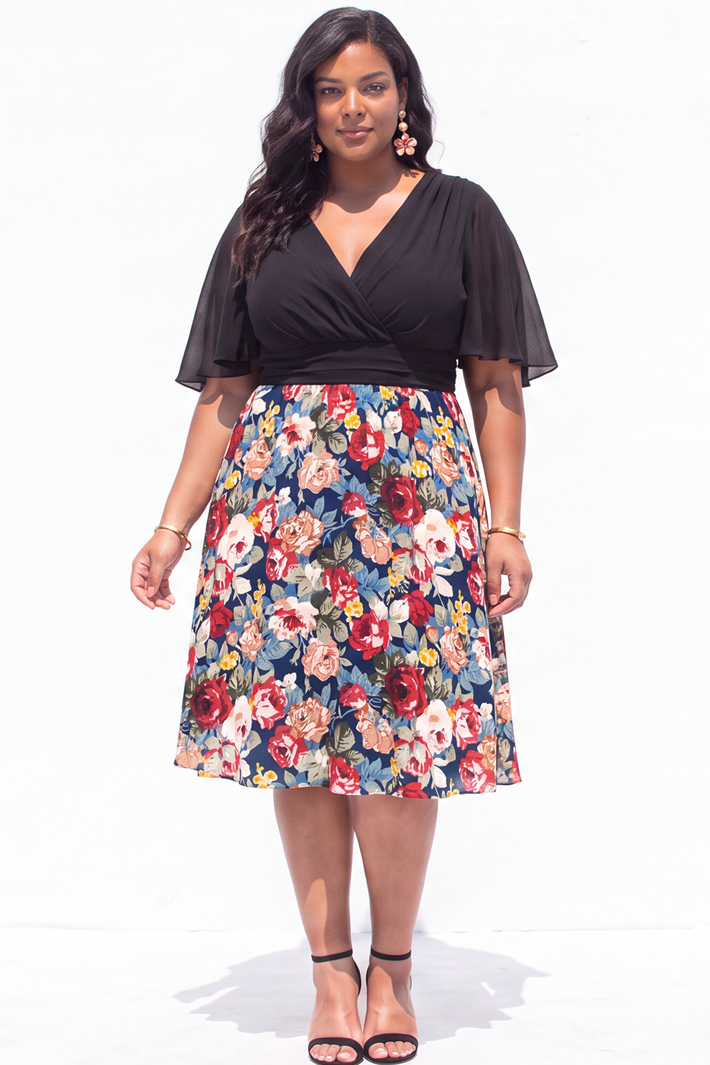 Plus Size Beige Pink Flower A Line V Neck Midi Dress