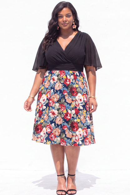 Plus Size Beige Pink Flower A Line V Neck Midi Dress