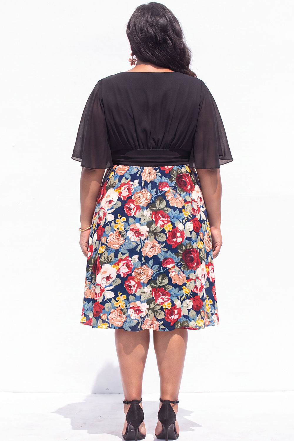 Plus Size Beige Pink Flower A Line V Neck Midi Dress