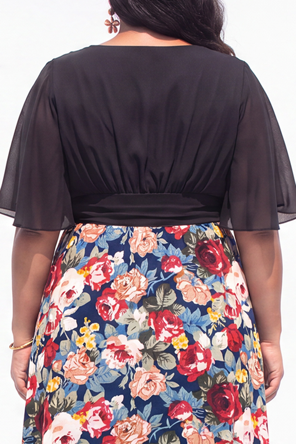 Plus Size Beige Pink Flower A Line V Neck Midi Dress