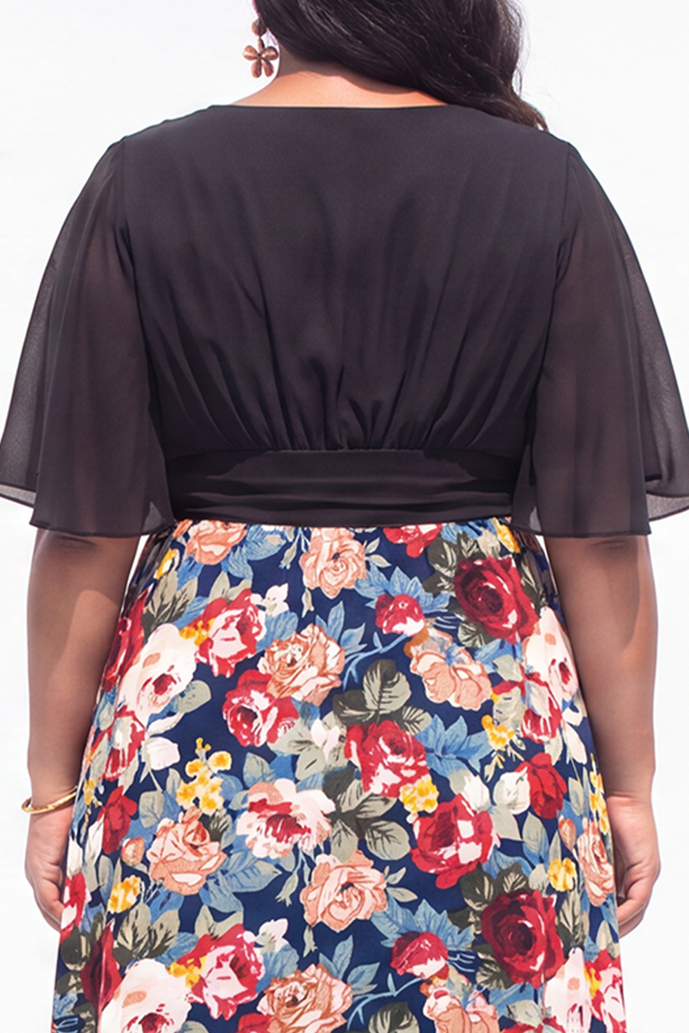Plus Size Beige Pink Flower A Line V Neck Midi Dress