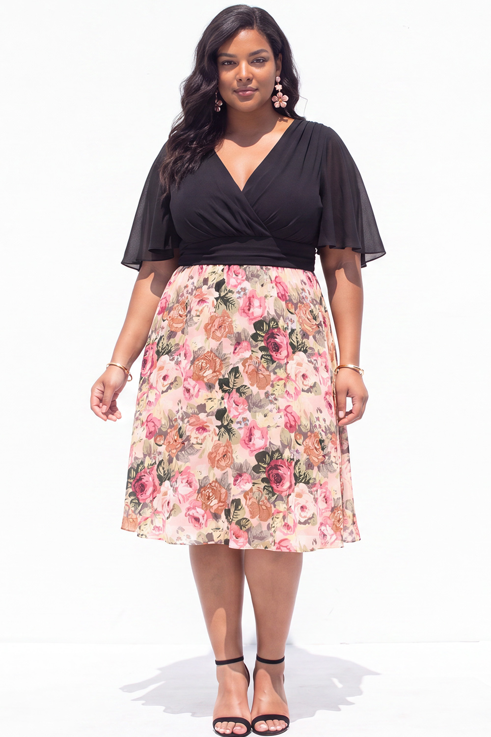 Plus Size Beige Pink Flower A Line V Neck Midi Dress