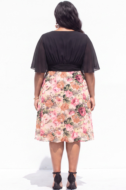 Plus Size Beige Pink Flower A Line V Neck Midi Dress