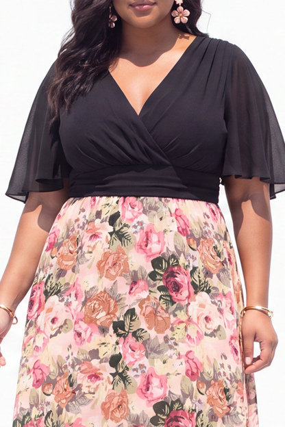 Plus Size Beige Pink Flower A Line V Neck Midi Dress