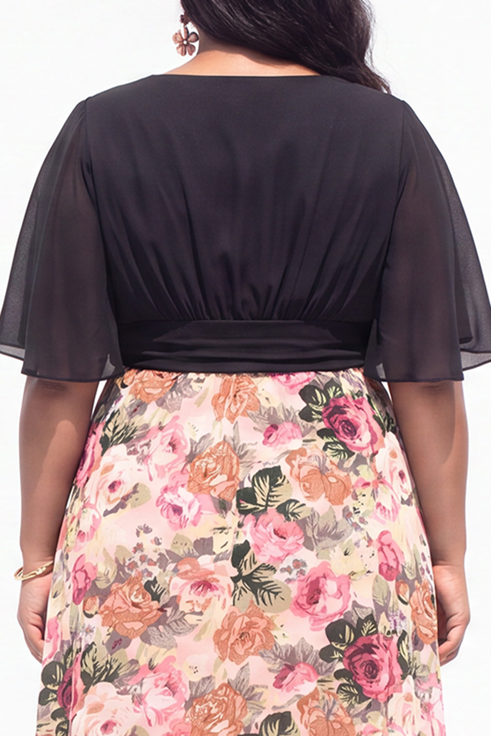 Plus Size Beige Pink Flower A Line V Neck Midi Dress