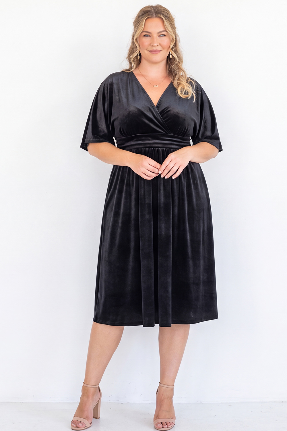 Plus Size Black Velvet V Neck A Line Midi Dress