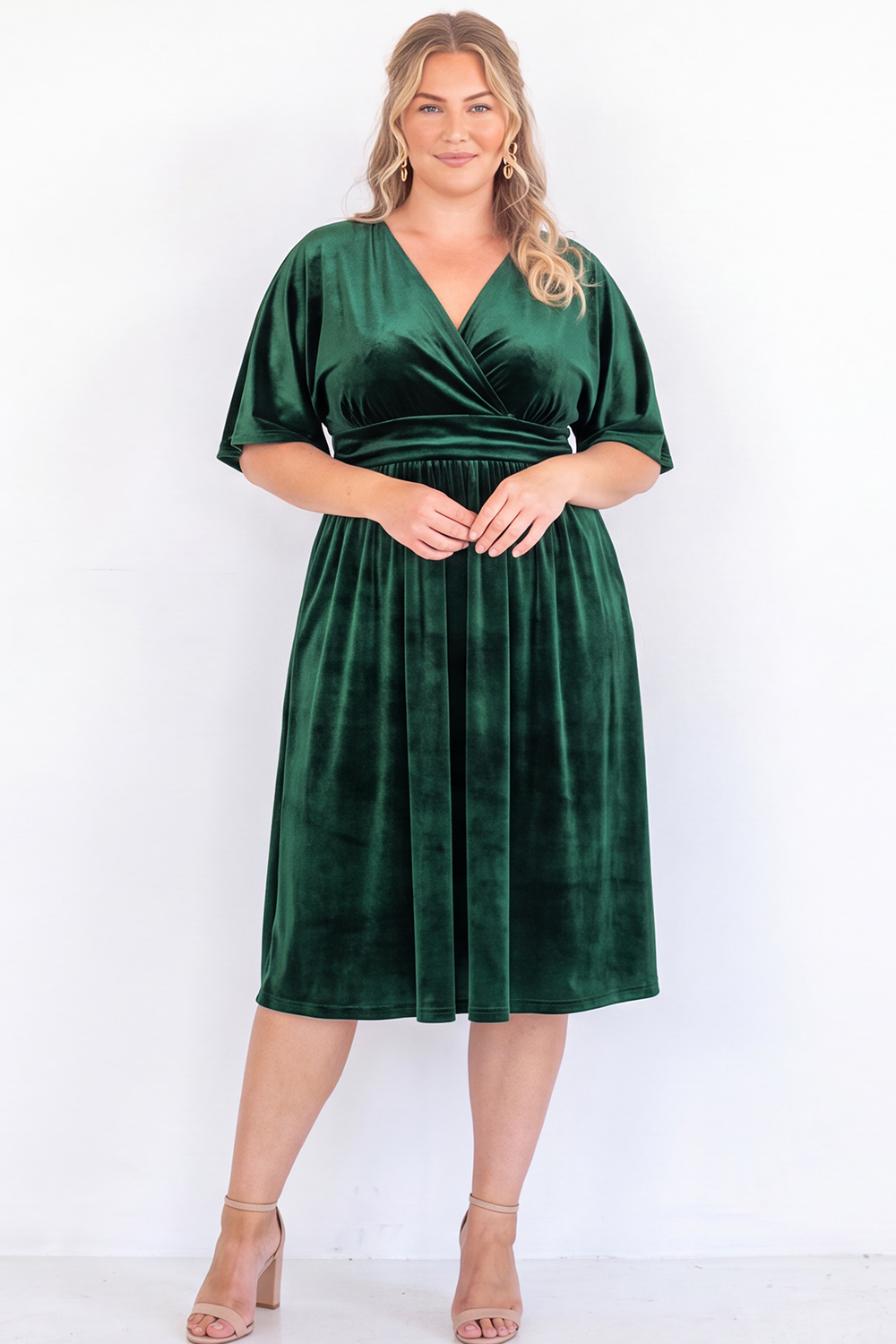 Plus Size Black Velvet V Neck A Line Midi Dress