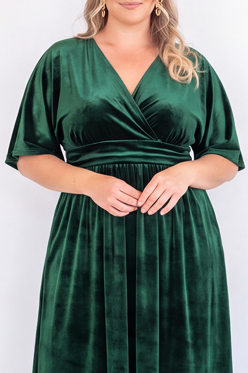 Plus Size Black Velvet V Neck A Line Midi Dress