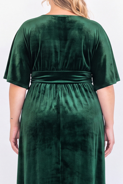 Plus Size Black Velvet V Neck A Line Midi Dress
