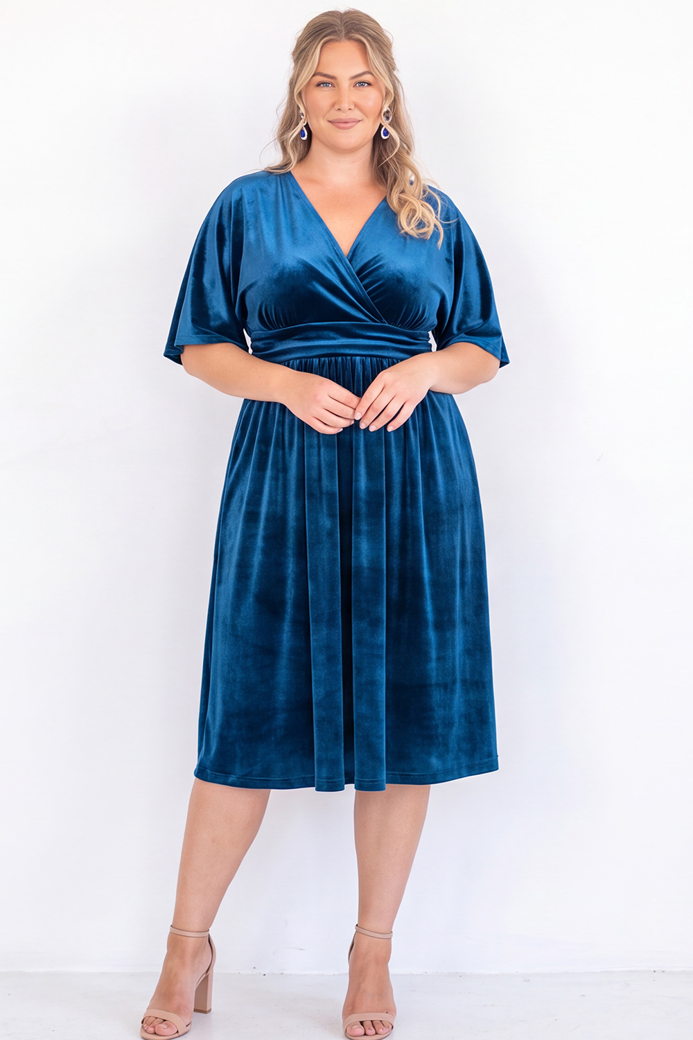 Plus Size Black Velvet V Neck A Line Midi Dress