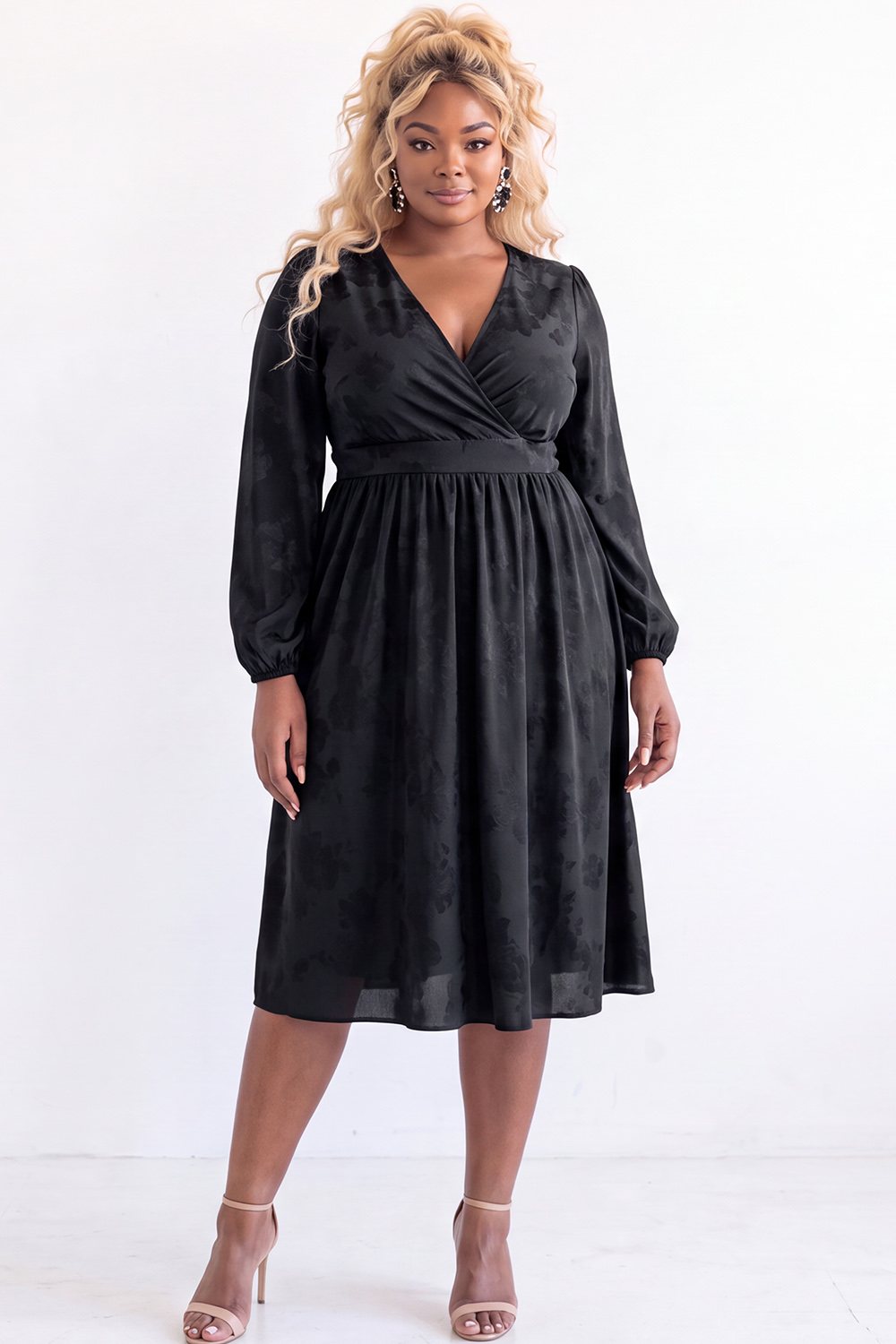 Black Floral Long Sleeve V Neck Midi Plus Size Dress