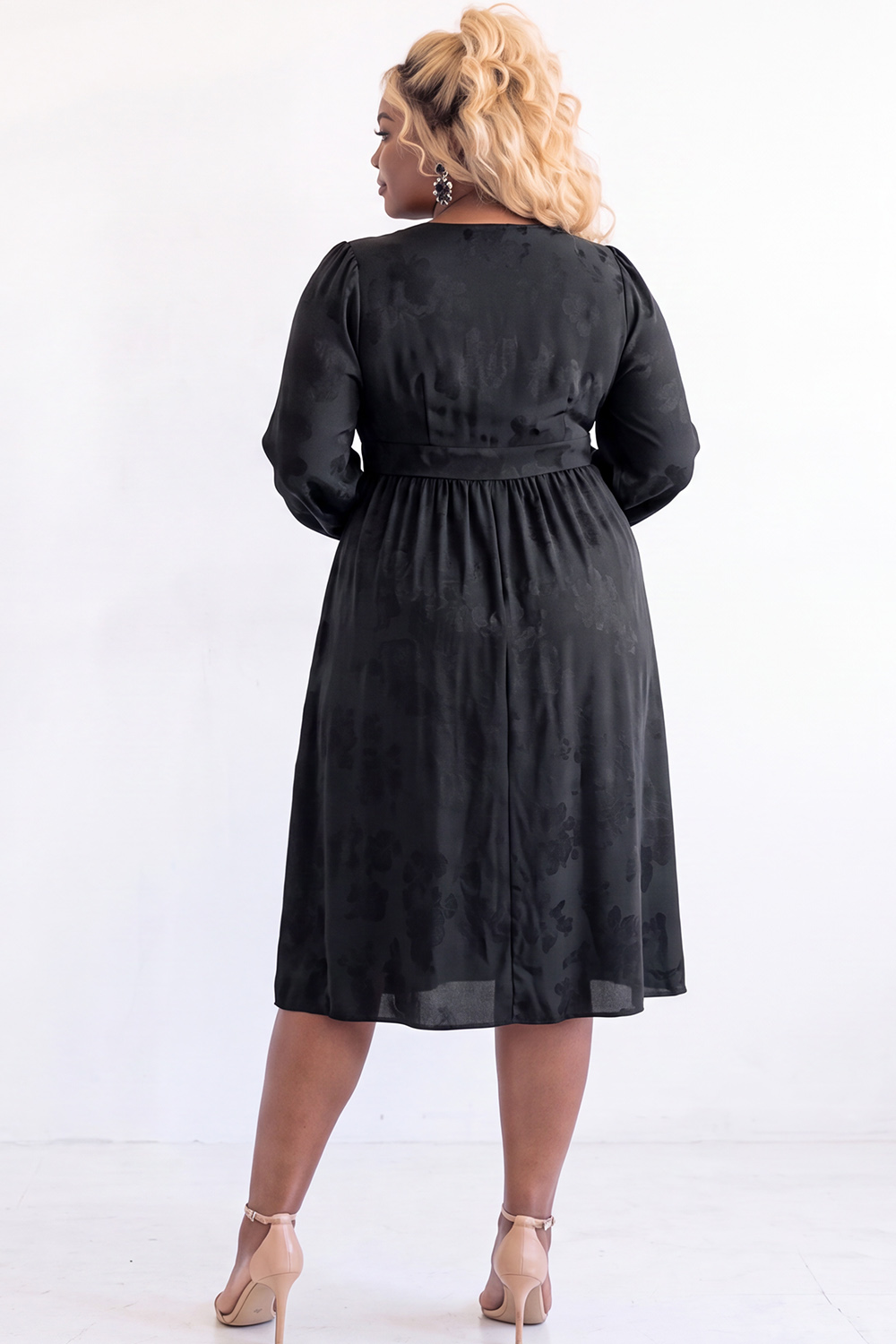 Black Floral Long Sleeve V Neck Midi Plus Size Dress