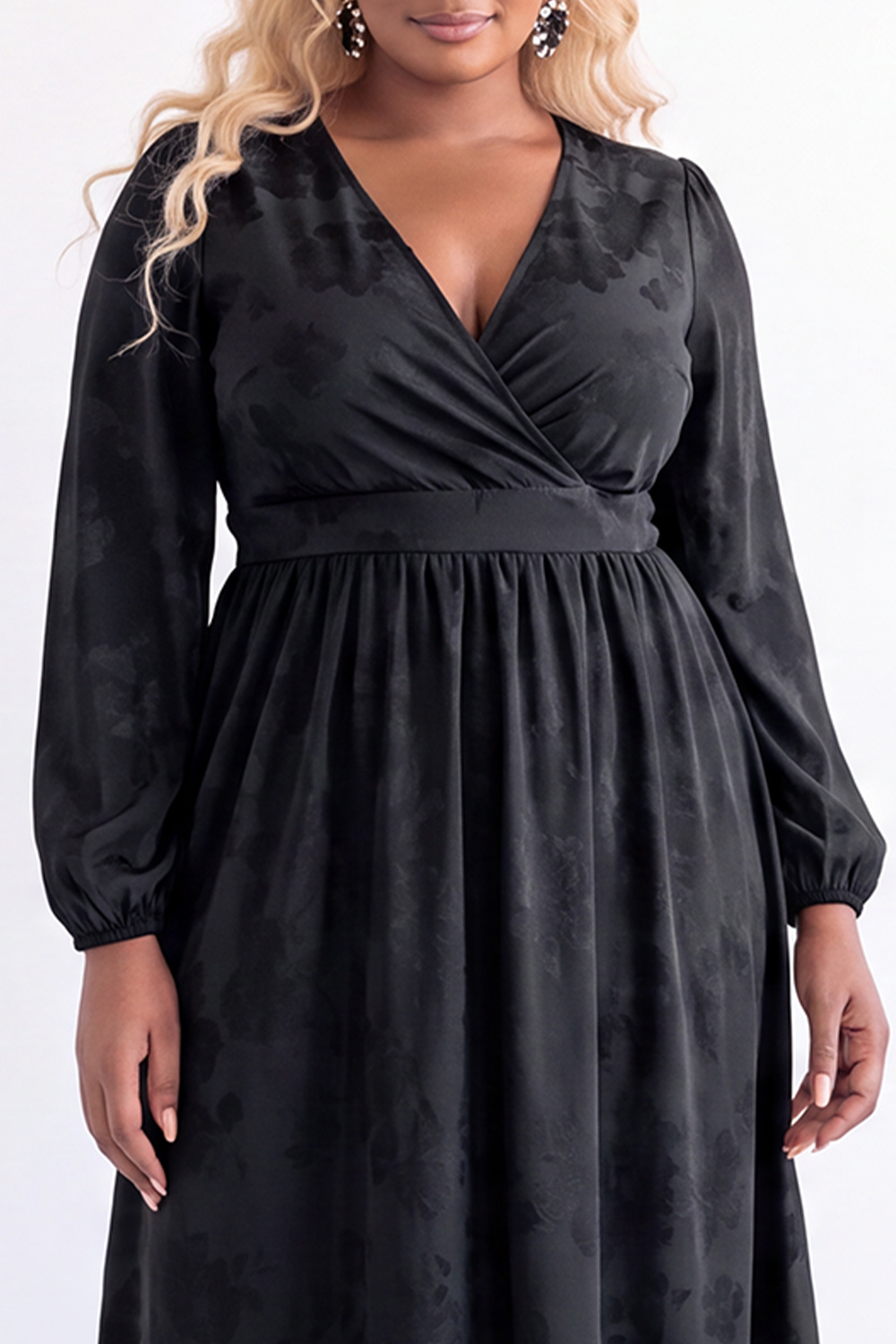 Black Floral Long Sleeve V Neck Midi Plus Size Dress