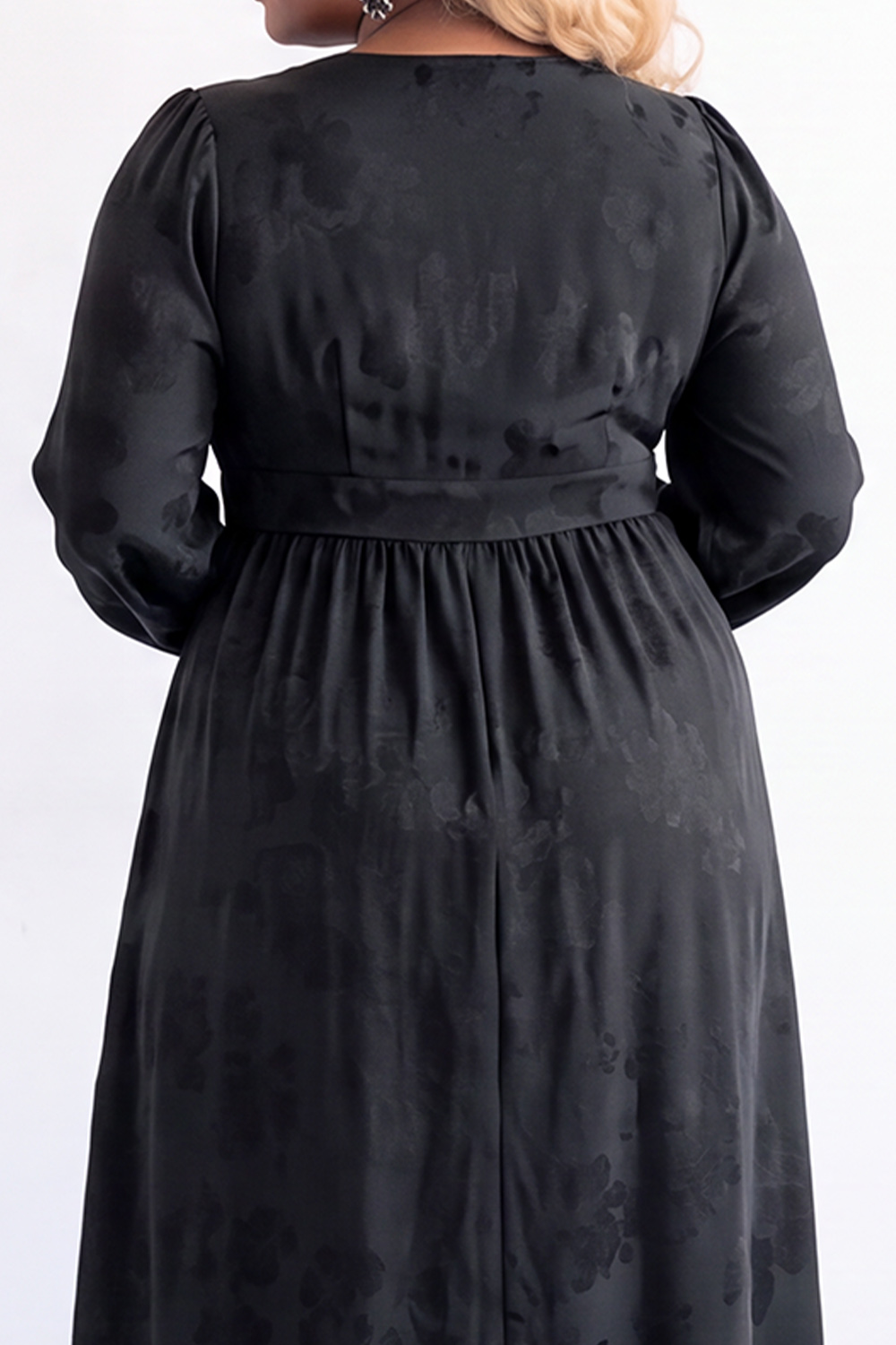 Black Floral Long Sleeve V Neck Midi Plus Size Dress