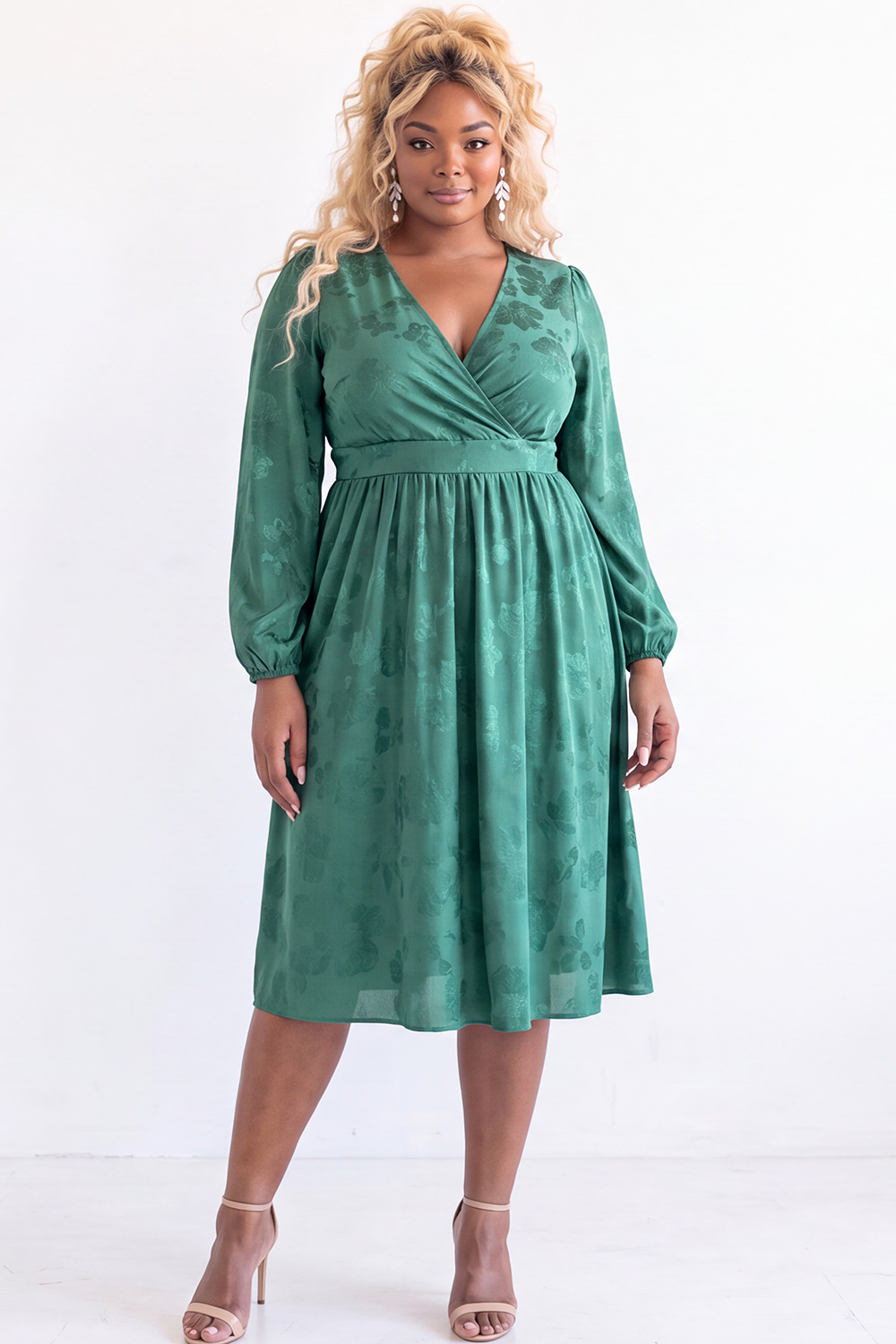Black Floral Long Sleeve V Neck Midi Plus Size Dress