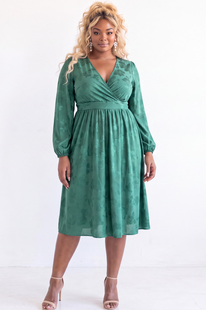 Black Floral Long Sleeve V Neck Midi Plus Size Dress