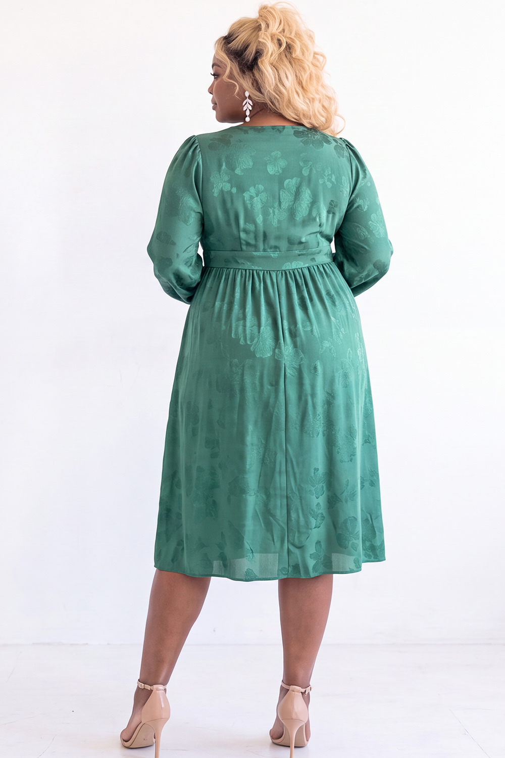 Black Floral Long Sleeve V Neck Midi Plus Size Dress