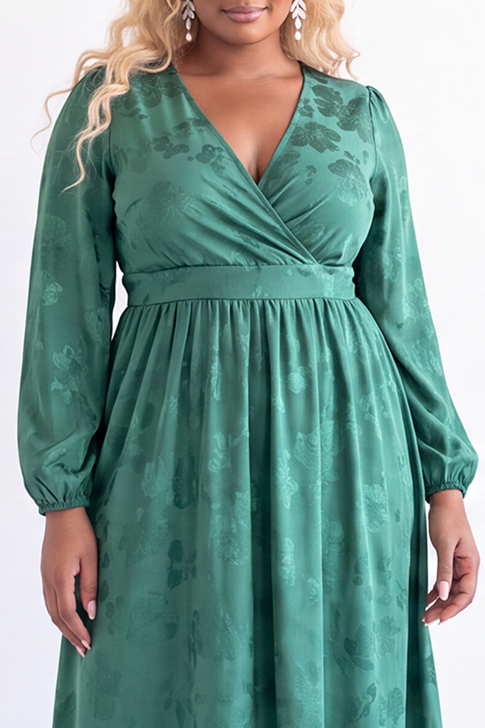 Black Floral Long Sleeve V Neck Midi Plus Size Dress